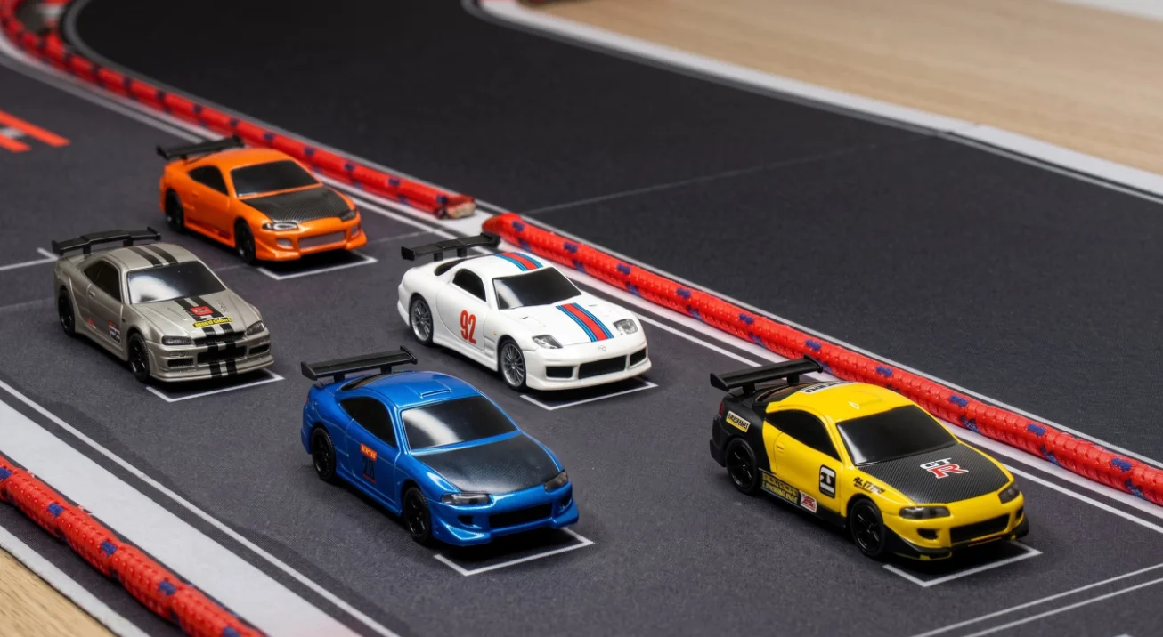 Pista de carreras de radio control escala 1:76 con autos KAORI-RC en la línea de salida