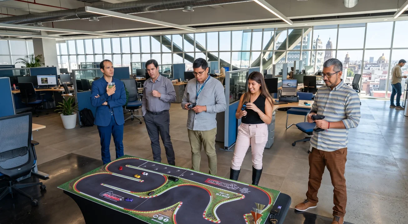 Colaboradores de oficina compitiendo con controles de radio control en una activación de marca KAORI-RC