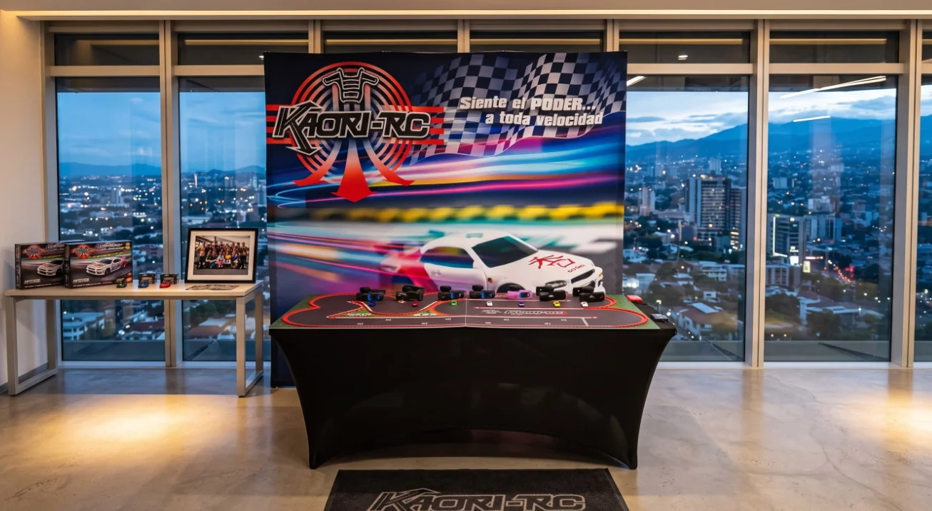 Activación de marca con backdrop personalizado y pista de carreras de radio control