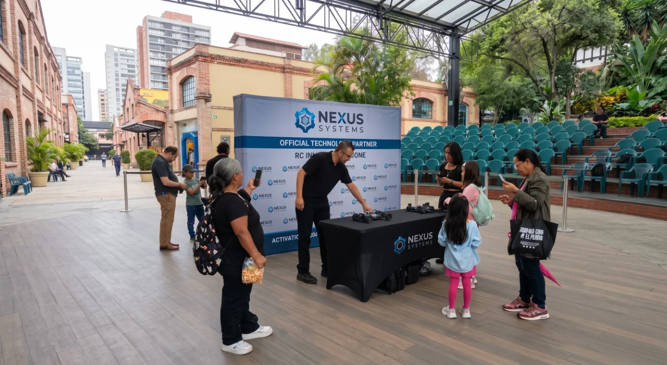 Activación de marca con pista de radio control en una plaza pública, con familias participando