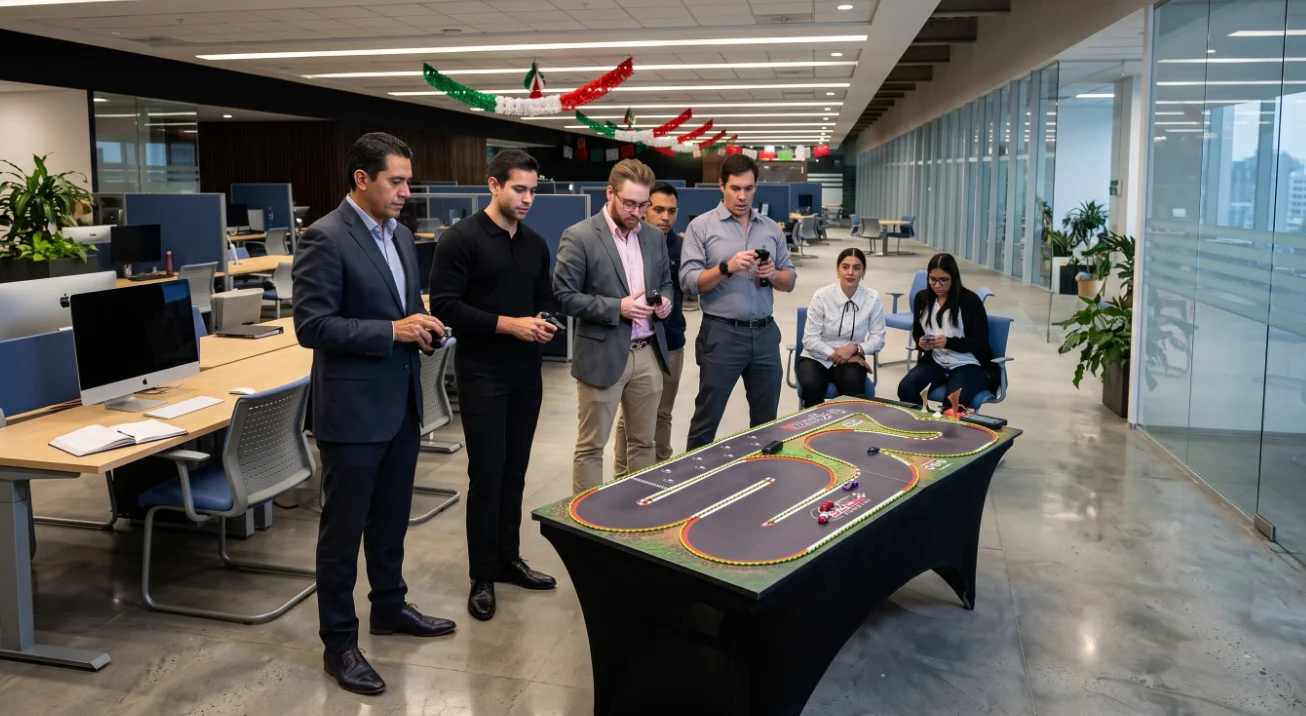 Colaboradores compitiendo en carreras de autos a control remoto organizadas para su empresa