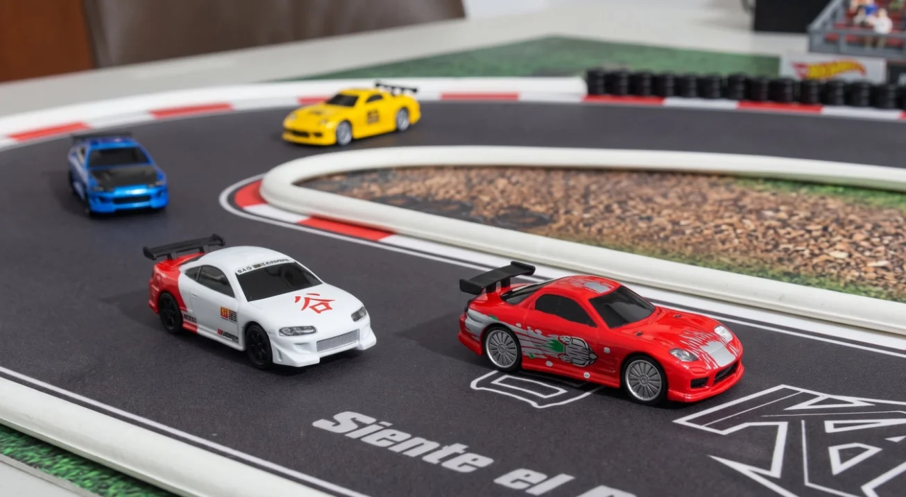 Invitados turnándose para correr en una pista de carreras RC